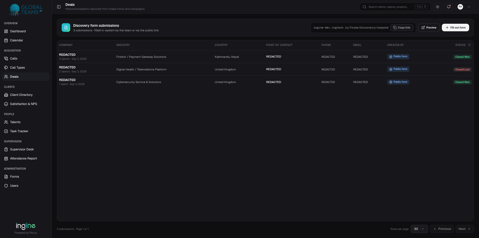 Inbound deals captured from the public discovery form and from in-system entry.
