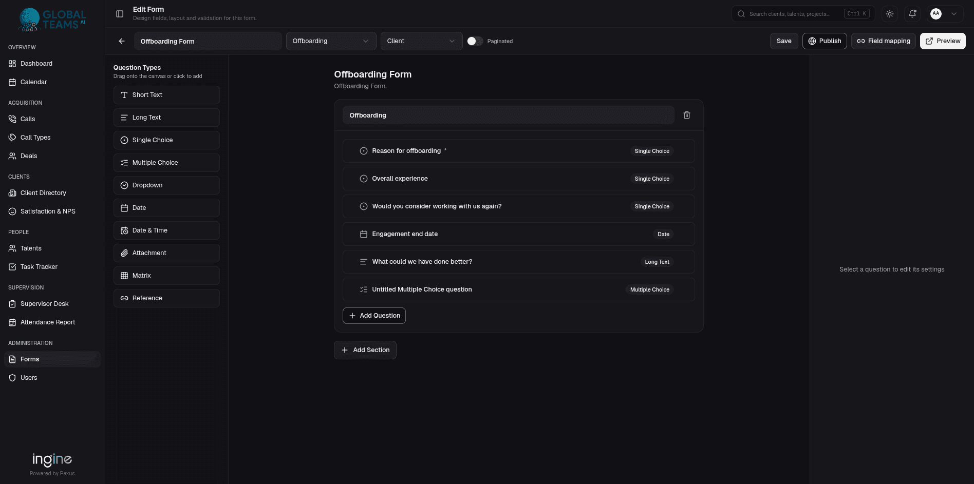 The form builder. Question types on the left, sections and validation on the canvas, publish to a public link.