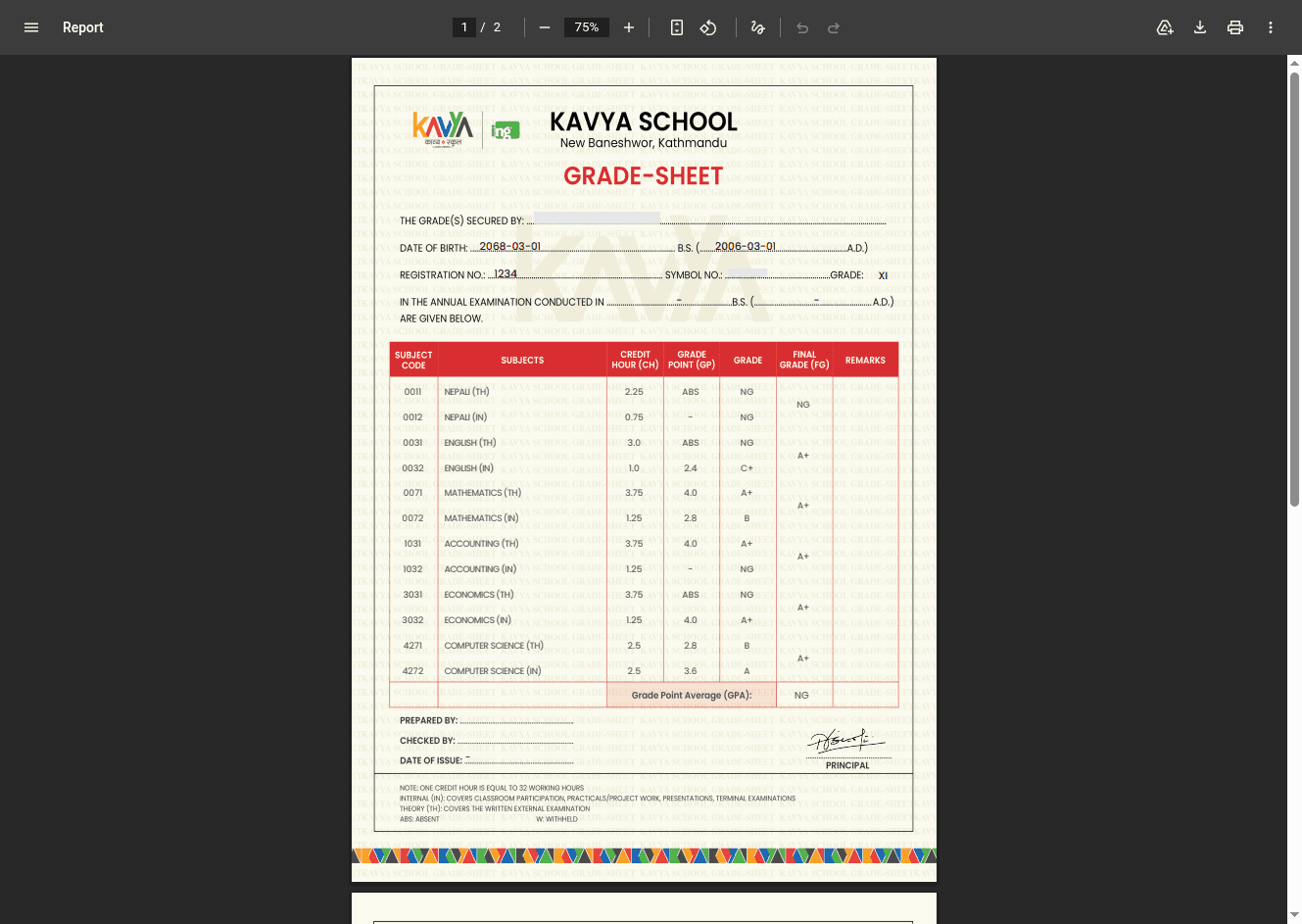 A generated grade sheet, rendered with WeasyPrint.