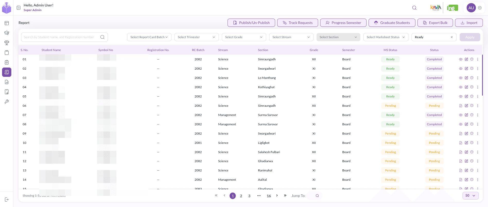 Report tracker. Marksheet status and report card status per student, with bulk publish, export and import.
