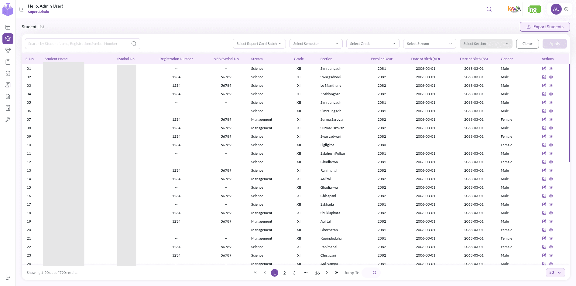 Student list, filtered by batch, semester, grade, stream and section.