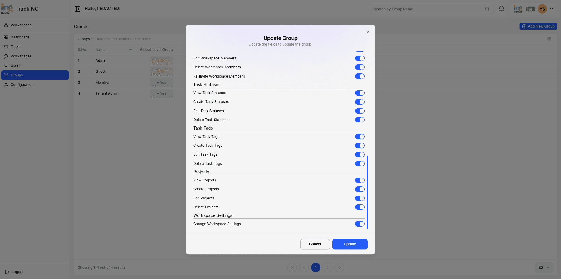 Editing a group. Every toggle is a permission the resolver reads; groups are the only thing that carries them.