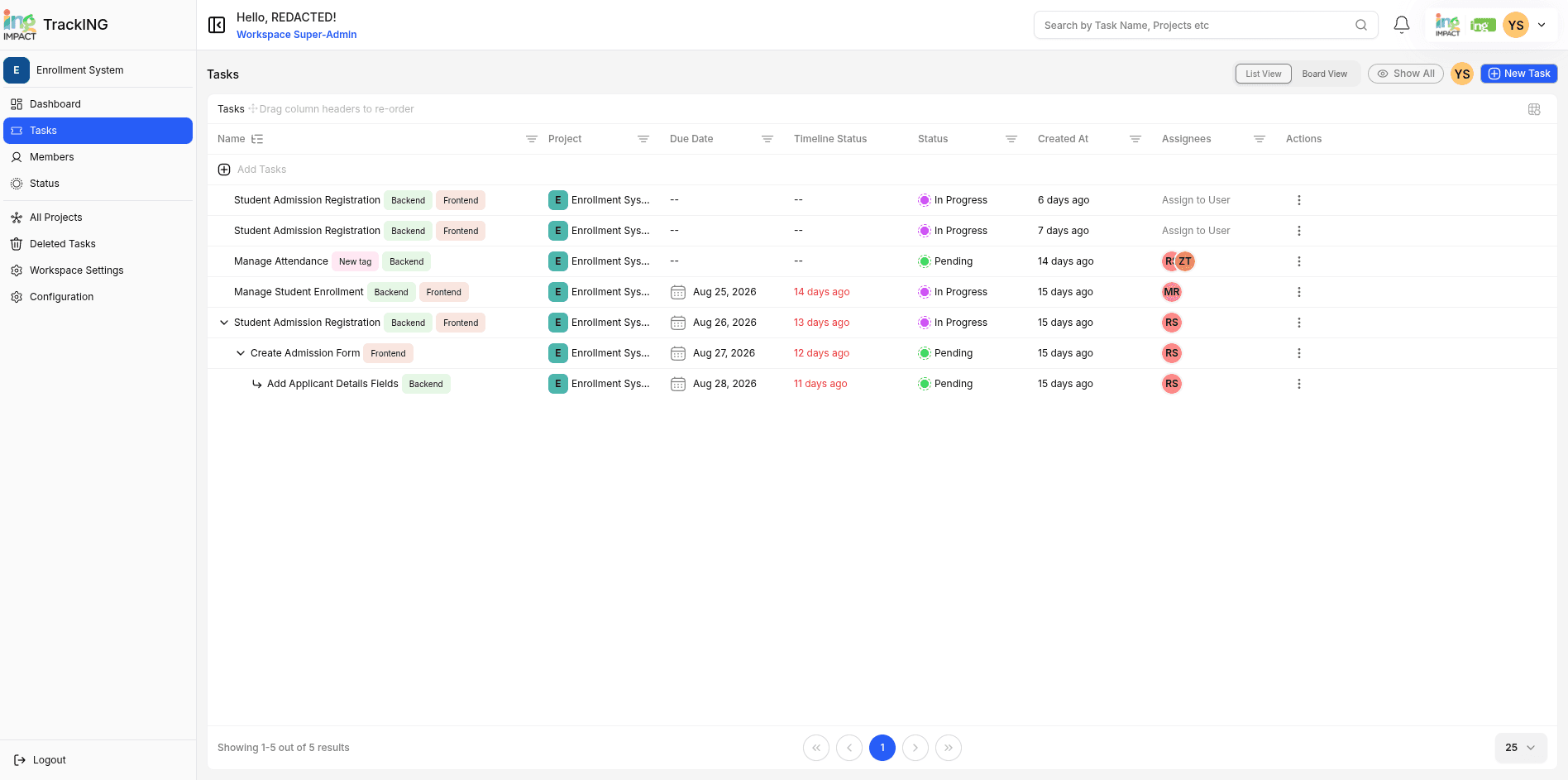 Task list with nesting, tags, statuses and per-column filters. Server-side sorting, filtering and pagination.